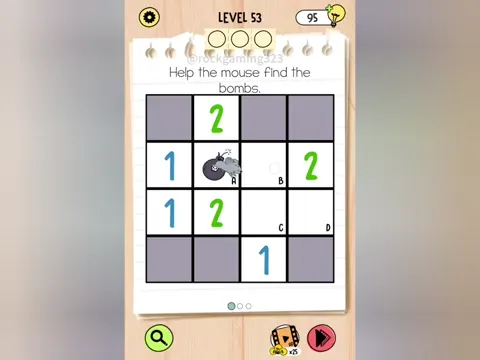 Brain Test 5 Level 53 - Help the mouse find the bombs. (Image 1)